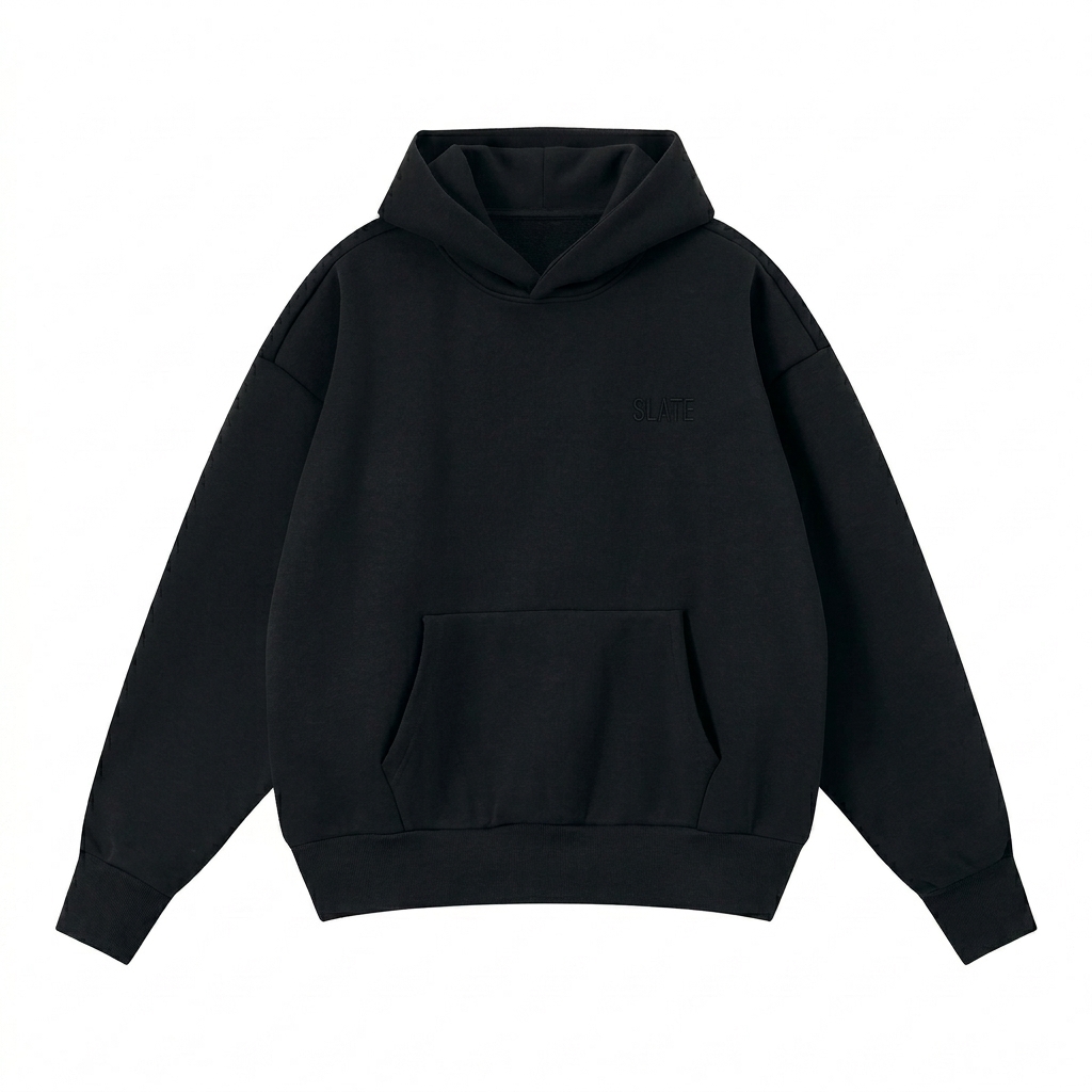 Custom Heavyweight Boxy Fleece Hoodie design direction 1: Tonal Minimalist Wordmark featuring the SLATE wordmark