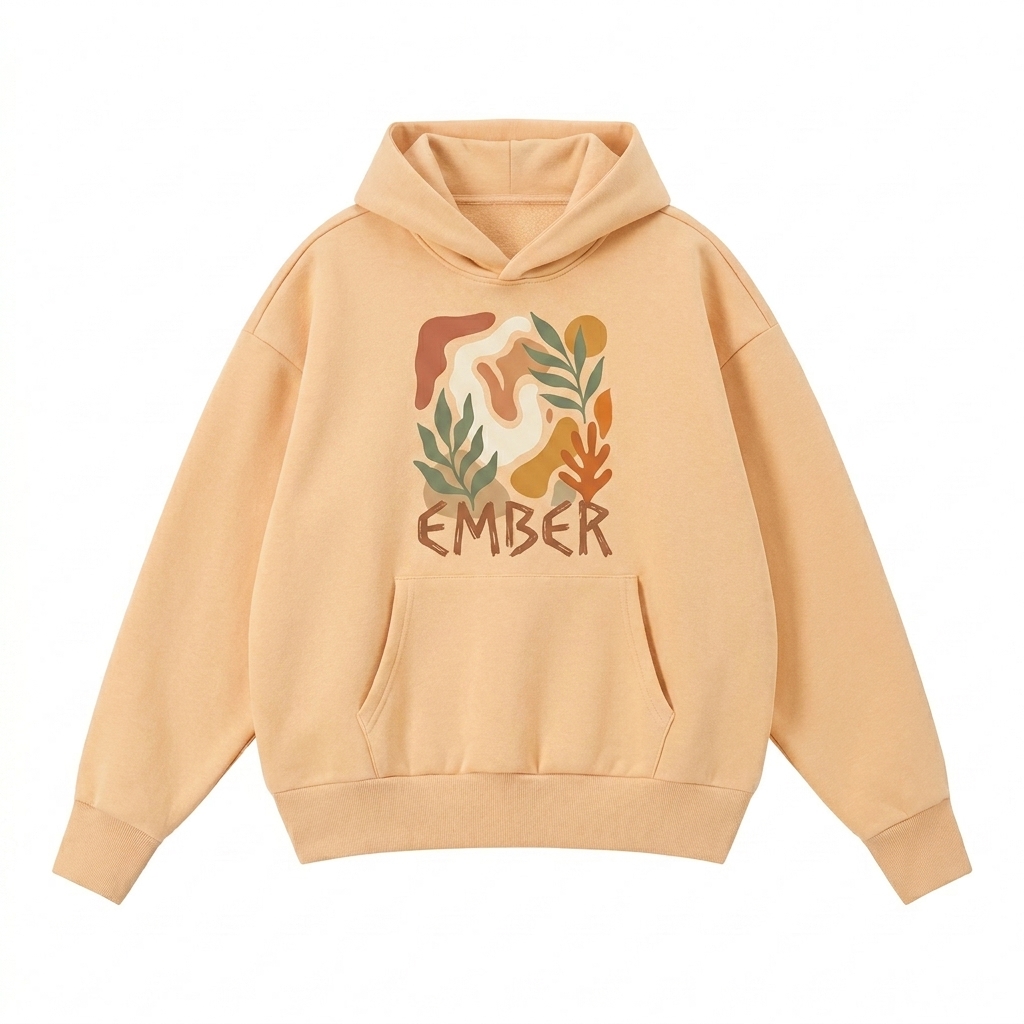 Custom Heavyweight Boxy Fleece Hoodie design direction 2: Bold Abstract Graphic featuring the EMBER wordmark