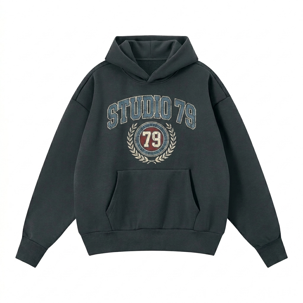 Custom Heavyweight Boxy Fleece Hoodie design direction 3: Retro Collegiate Emblem featuring the STUDIO 79 wordmark