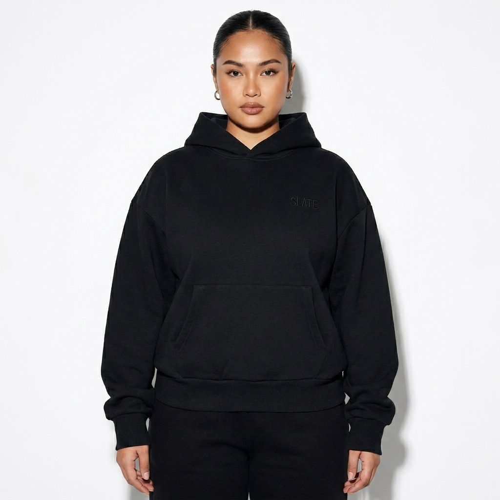 Heavyweight Boxy Fleece Hoodie worn by a curvy Filipino female fashion influencer, downtown streetwear styling, studio lookbook — custom heavyweight boxy fleece hoodie