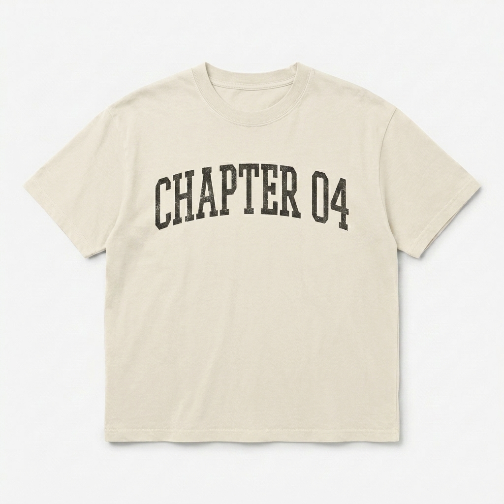 Custom Heavyweight Boxy T-Shirt design direction 3: Retro Collegiate Emblem featuring the CHAPTER 04 wordmark