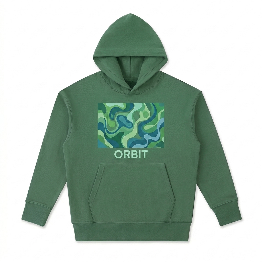 Custom Heavyweight Cotton Pullover Hoodie design direction 2: Bold Abstract Graphic featuring the ORBIT wordmark