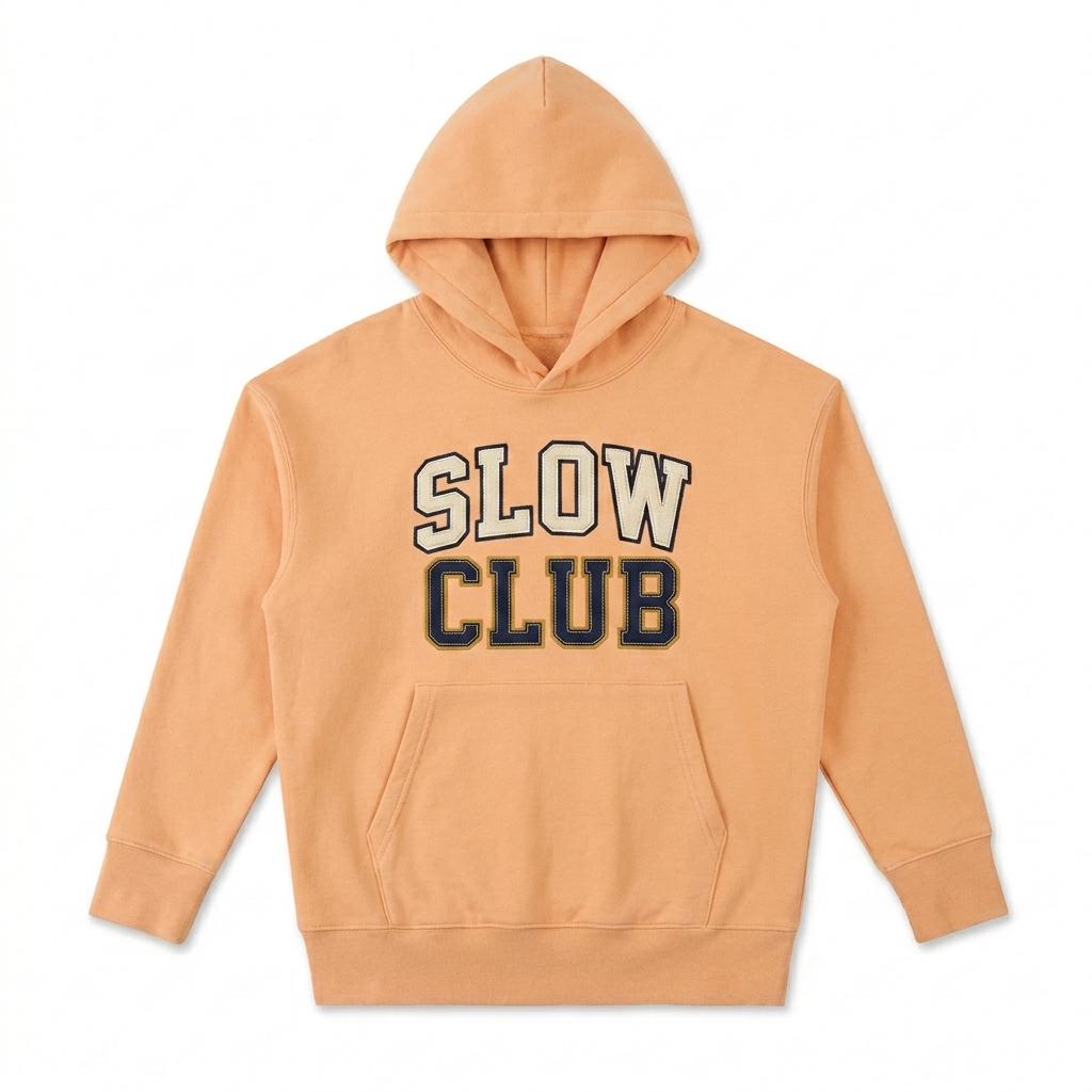 Custom Heavyweight Cotton Pullover Hoodie design direction 3: Retro Collegiate Emblem featuring the SLOW CLUB wordmark