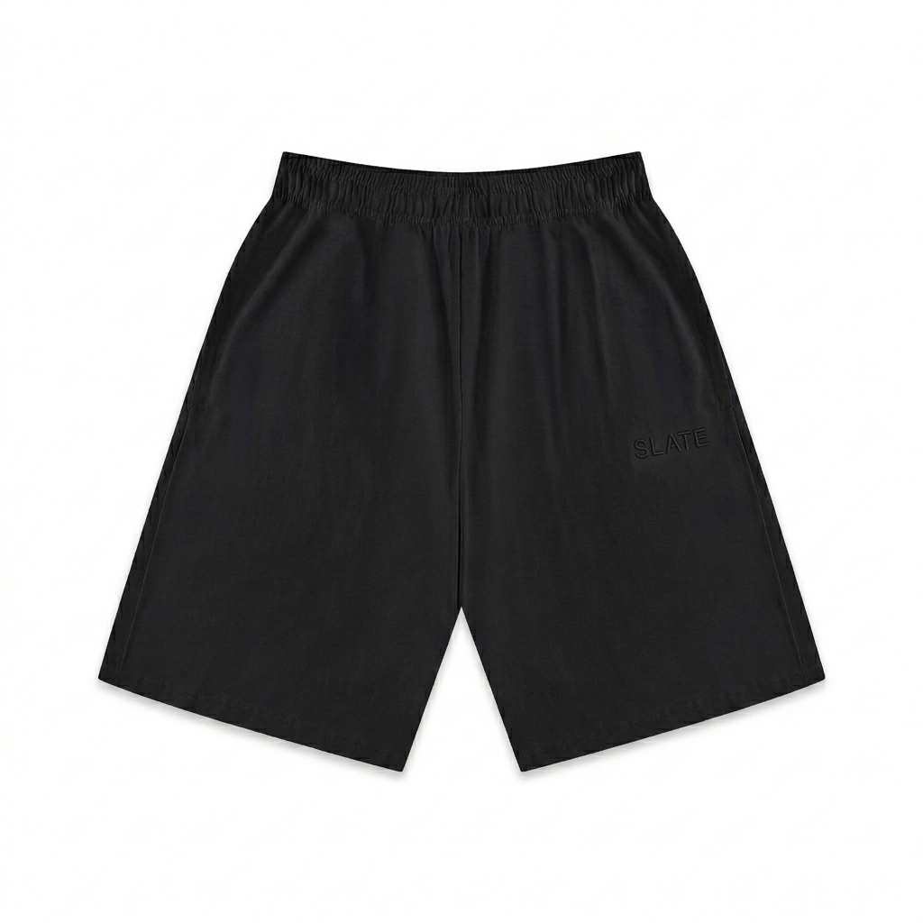 Custom Heavyweight Cotton Shorts design direction 1: Tonal Minimalist Wordmark featuring the SLATE wordmark