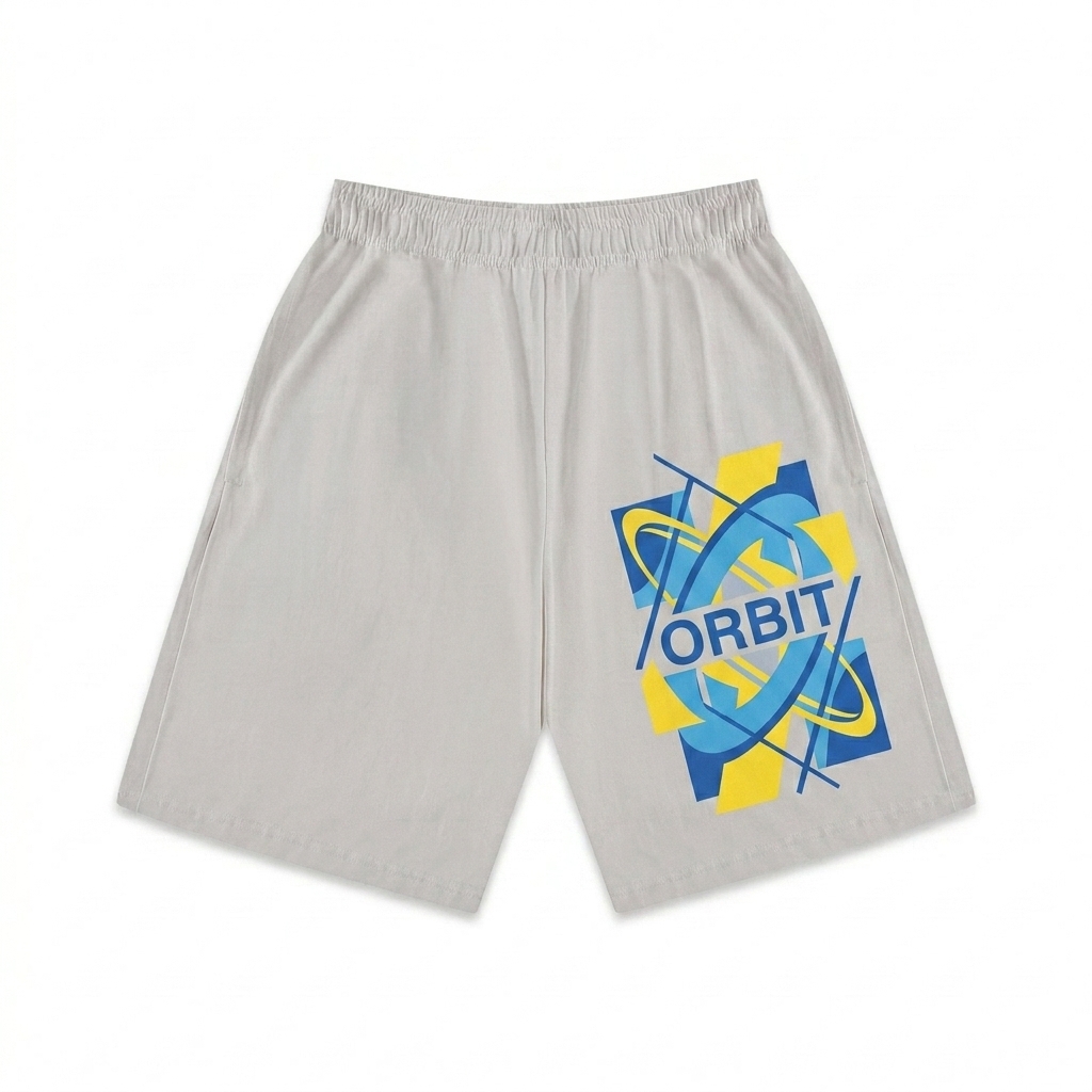 Custom Heavyweight Cotton Shorts design direction 2: Bold Abstract Graphic featuring the ORBIT wordmark