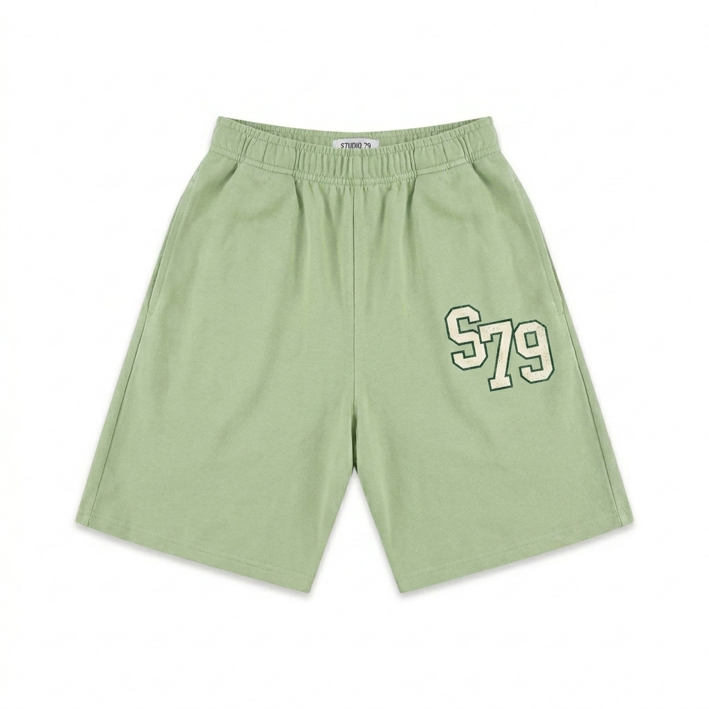 Custom Heavyweight Cotton Shorts design direction 3: Retro Collegiate Emblem featuring the STUDIO 79 wordmark