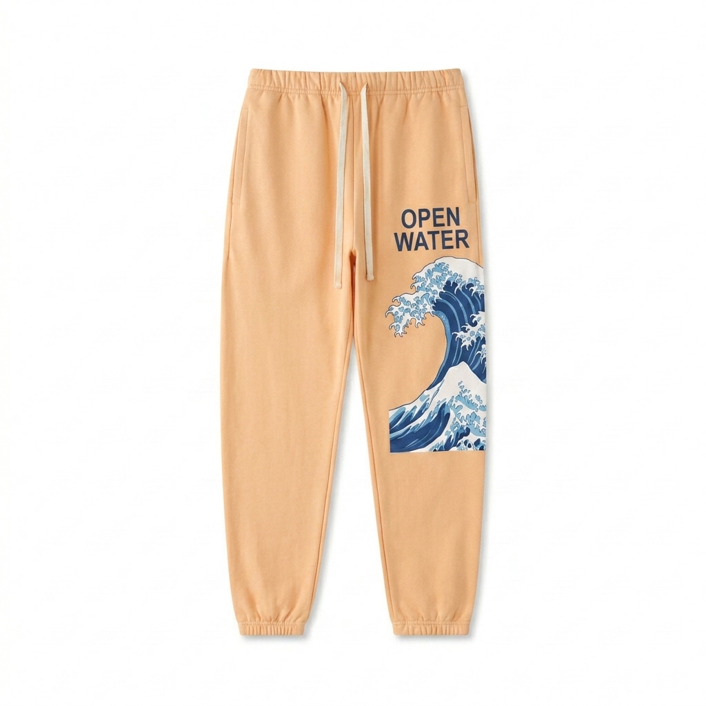 Custom Heavyweight Cotton Sweatpants design direction 2: Bold Abstract Graphic featuring the OPEN WATER wordmark