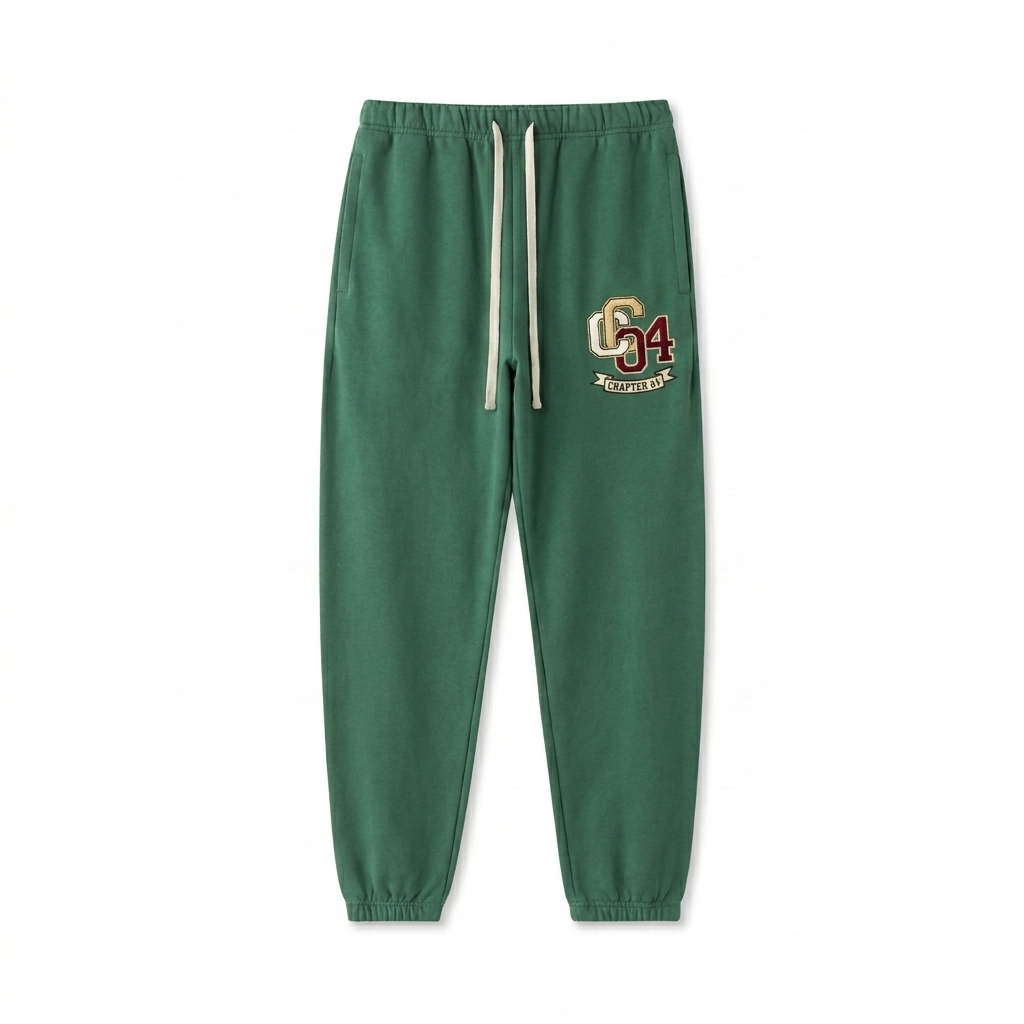 Custom Heavyweight Cotton Sweatpants design direction 3: Retro Collegiate Emblem featuring the CHAPTER 04 wordmark