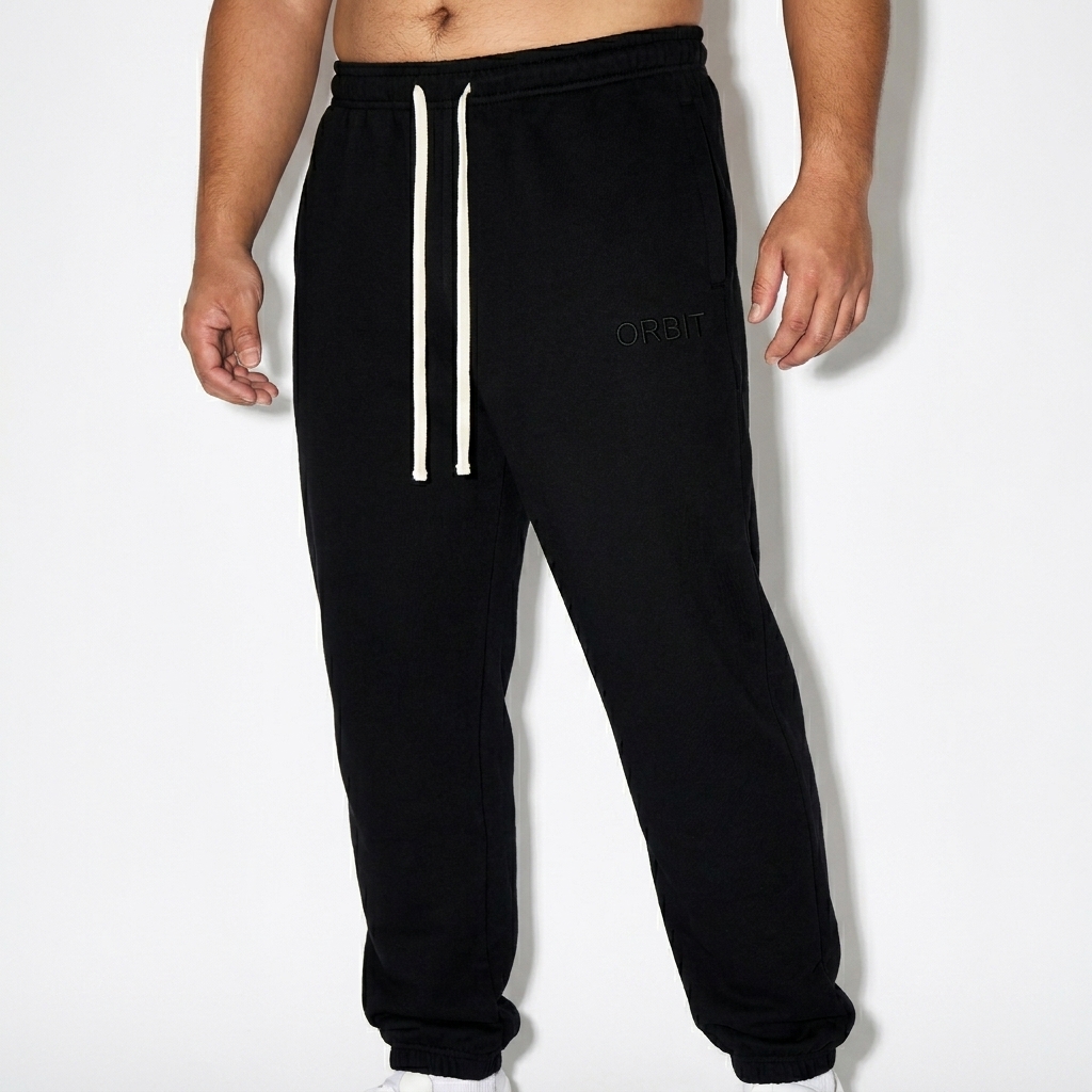 Heavyweight Cotton Sweatpants worn by a curvy Japanese male fashion influencer, preppy ivy styling, studio lookbook — custom heavyweight cotton sweatpants