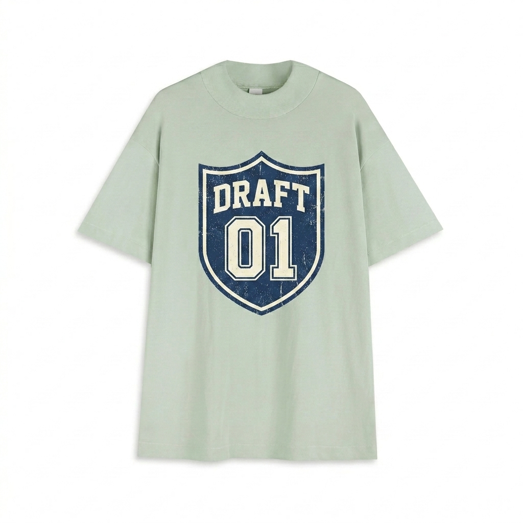 Custom Heavyweight Cotton T-Shirt design direction 3: Vintage Collegiate Emblem featuring the DRAFT 01 wordmark