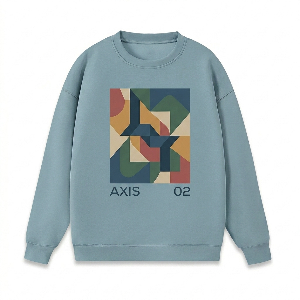 Custom Heavyweight Crewneck Sweatshirt design direction 2: Abstract Geometric Graphic featuring the AXIS 02 wordmark