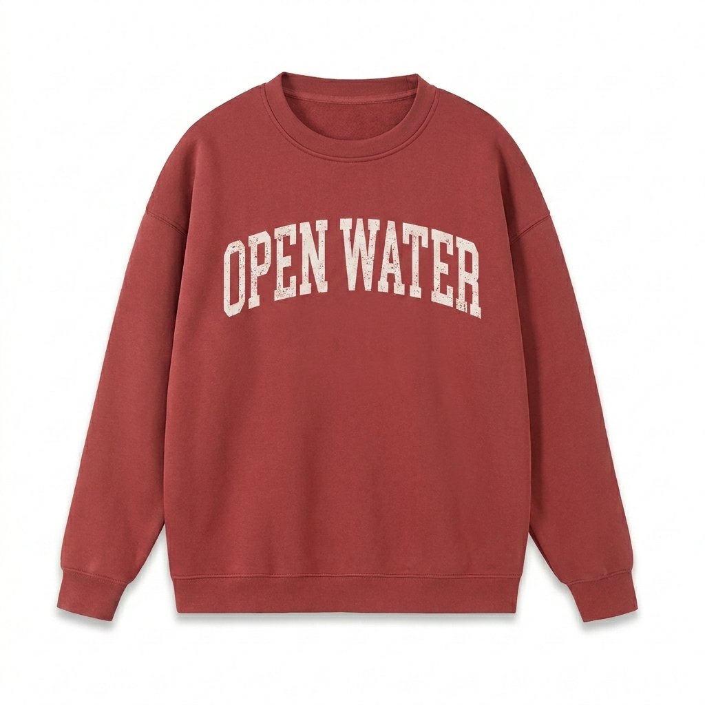 Custom Heavyweight Crewneck Sweatshirt design direction 3: Collegiate-Inspired Text featuring the OPEN WATER wordmark