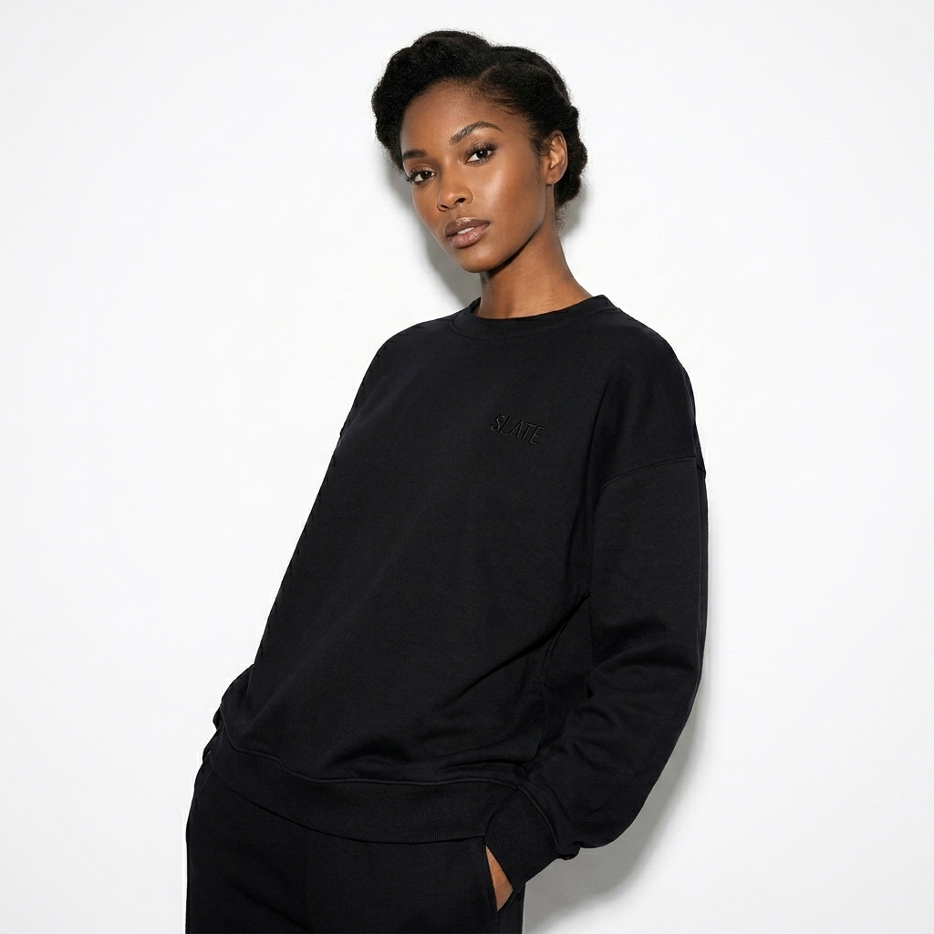 Heavyweight Crewneck Sweatshirt worn by a lean Afro-Caribbean female fashion influencer, y2k revival styling, studio lookbook — custom heavyweight crewneck sweatshirt