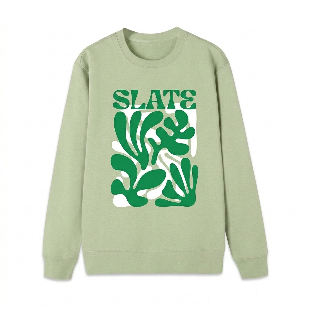 Custom Heavyweight Custom Crewneck Sweatshirt design direction 2: Bold Abstract Graphic featuring the SLATE wordmark