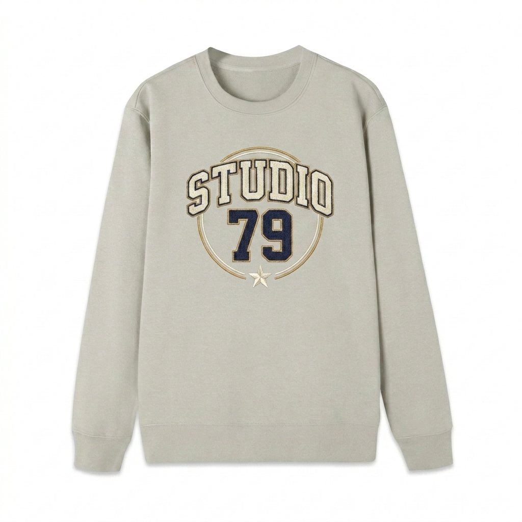 Custom Heavyweight Custom Crewneck Sweatshirt design direction 3: Retro Collegiate Emblem featuring the STUDIO 79 wordmark