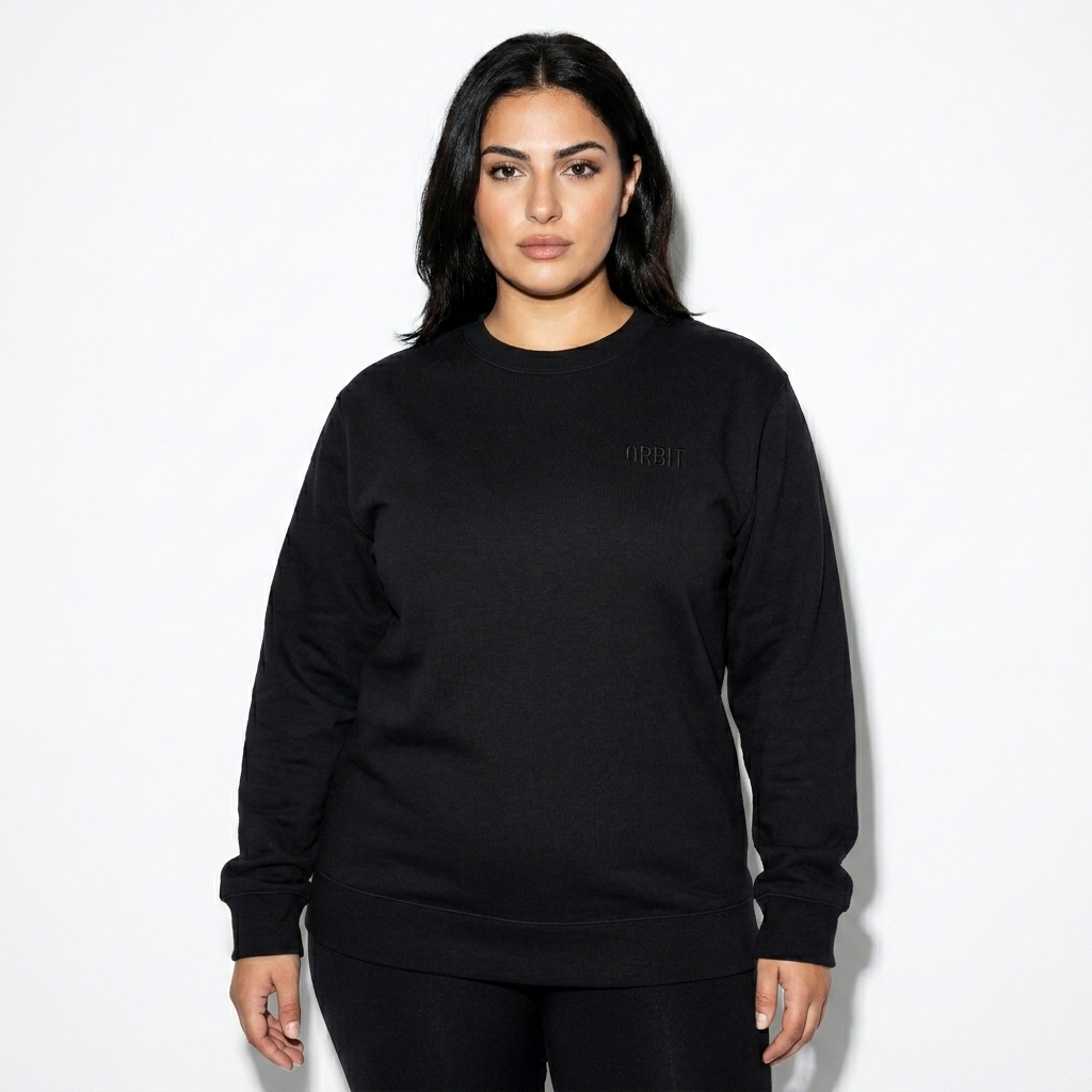 Heavyweight Custom Crewneck Sweatshirt worn by a curvy Mediterranean female fashion influencer, downtown streetwear styling, studio lookbook — custom heavyweight custom crewneck sweatshirt