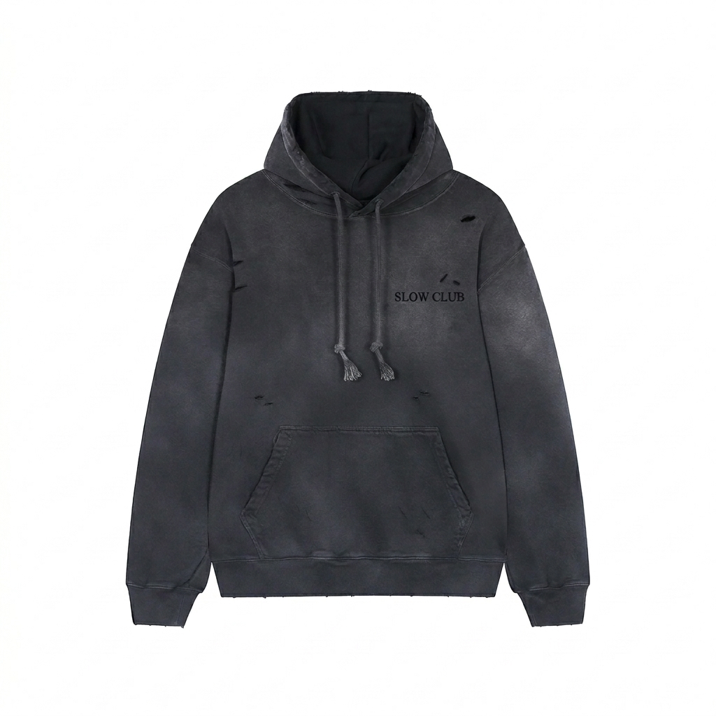 Custom Heavyweight Distressed Pullover Hoodie design direction 1: Tonal Heritage Wordmark featuring the SLOW CLUB wordmark