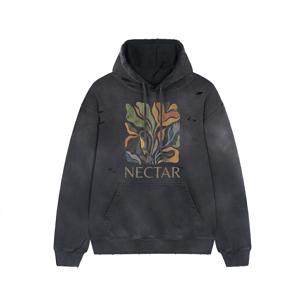 Custom Heavyweight Distressed Pullover Hoodie design direction 2: Abstract Botanical Graphic featuring the NECTAR wordmark