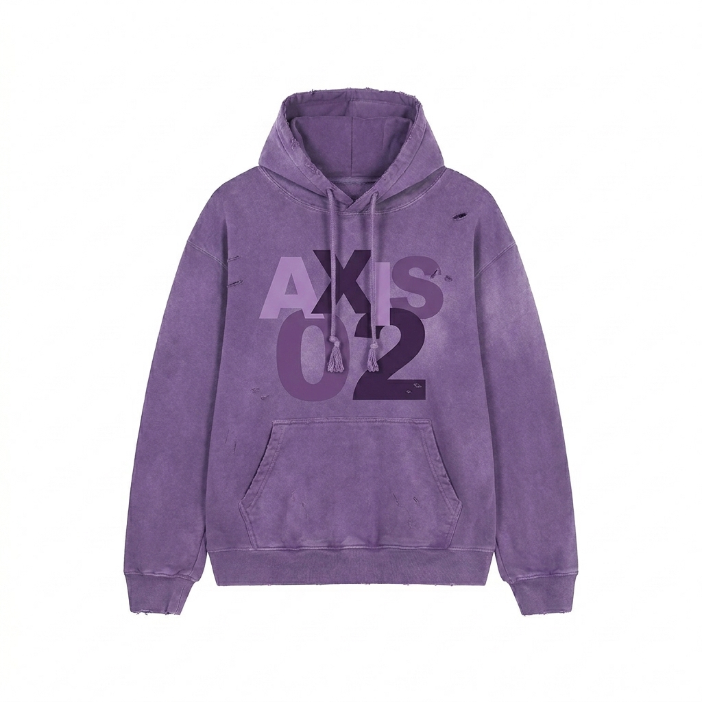 Custom Heavyweight Distressed Pullover Hoodie design direction 3: Deconstructed Type Experiment featuring the AXIS 02 wordmark