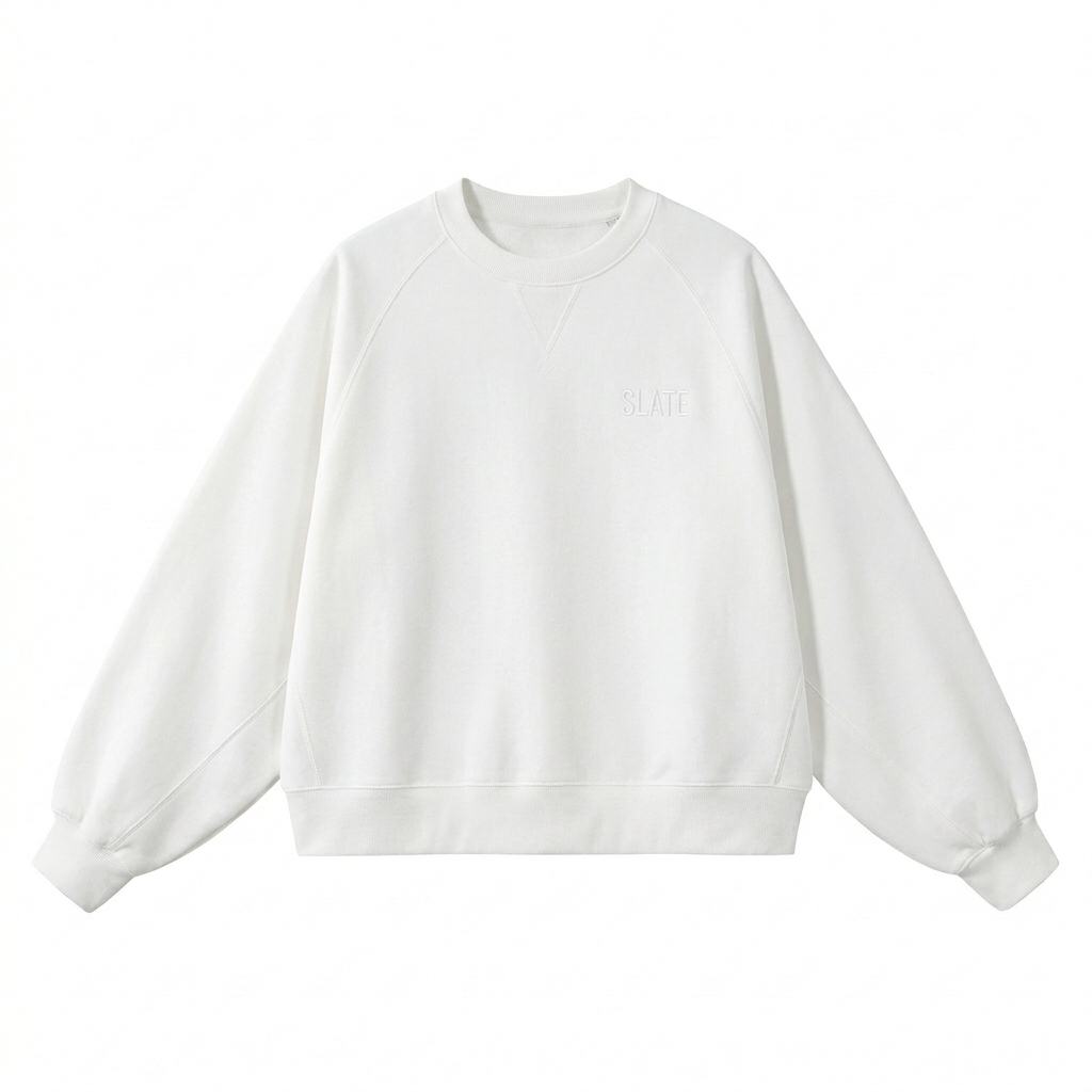 Custom Heavyweight Dolman Sleeve Sweatshirt design direction 1: Tonal Minimalist Wordmark featuring the SLATE wordmark