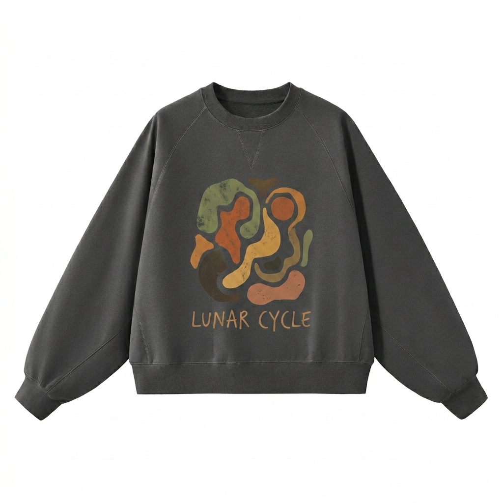 Custom Heavyweight Dolman Sleeve Sweatshirt design direction 2: Bold Abstract Graphic featuring the LUNAR CYCLE wordmark