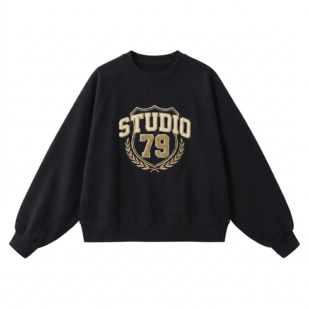 Custom Heavyweight Dolman Sleeve Sweatshirt design direction 3: Retro Collegiate Emblem featuring the STUDIO 79 wordmark