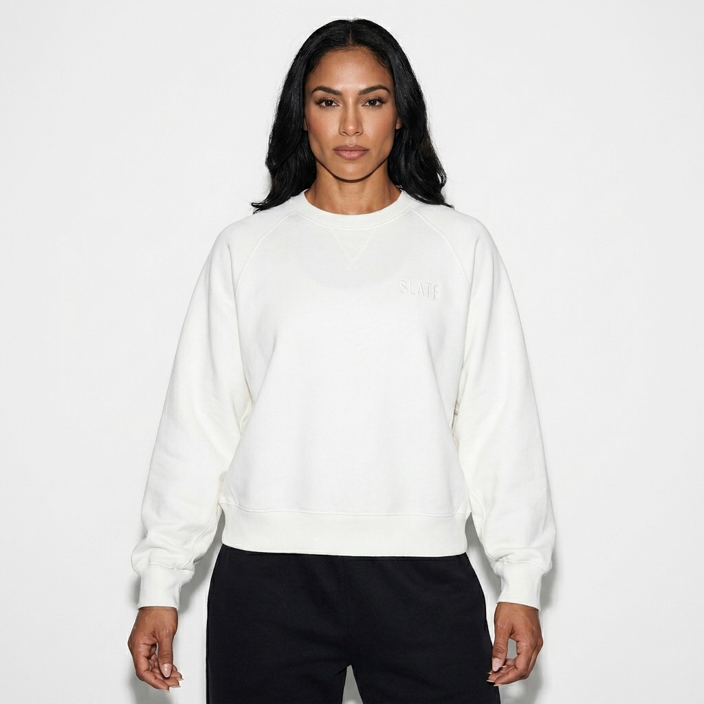 Heavyweight Dolman Sleeve Sweatshirt worn by a athletic muscular Latino female fashion influencer, y2k revival styling, studio lookbook — custom heavyweight dolman sleeve sweatshirt