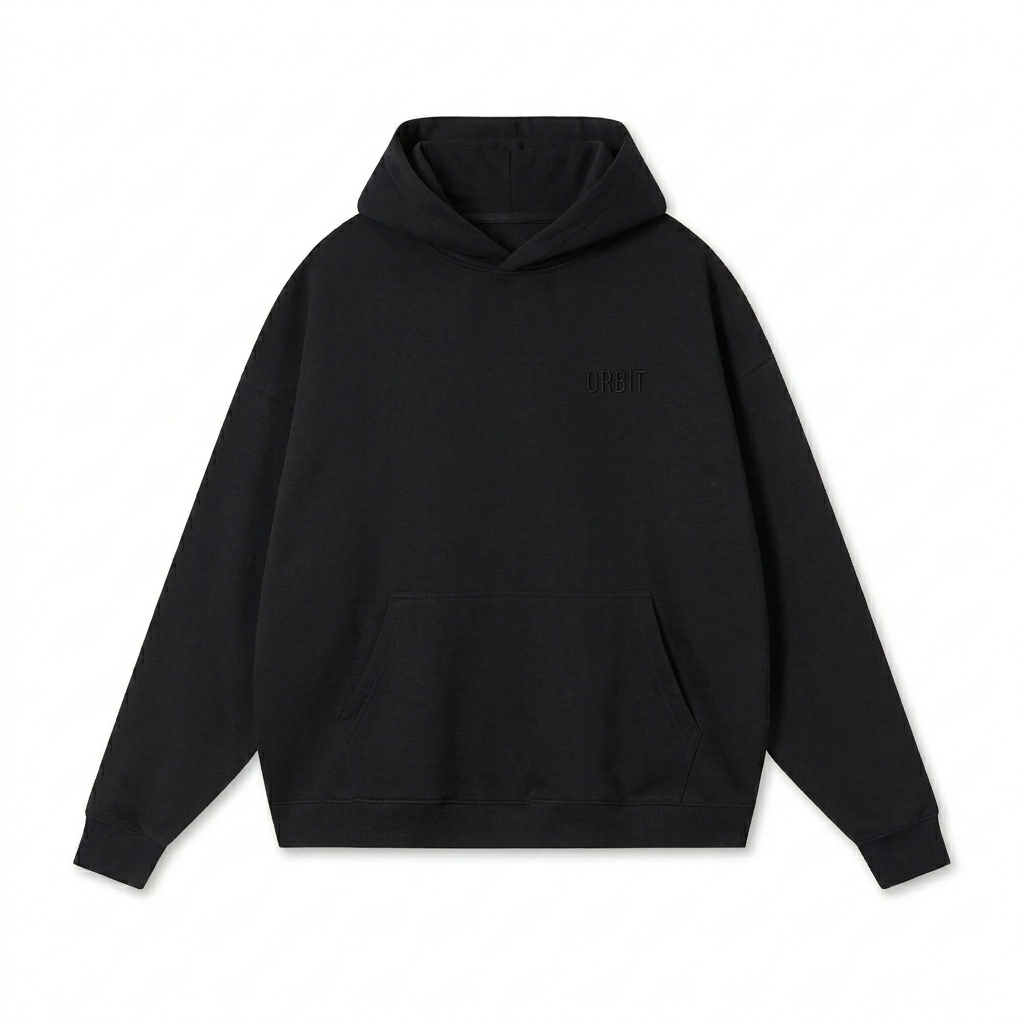 Custom Heavyweight Drop-Shoulder Hoodie design direction 1: Tonal Minimalist Wordmark featuring the ORBIT wordmark