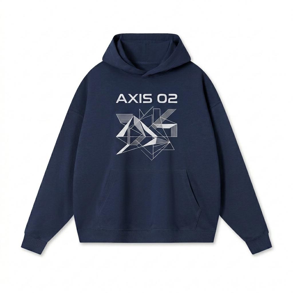 Custom Heavyweight Drop-Shoulder Hoodie design direction 2: Abstract Geometric Graphic featuring the AXIS 02 wordmark