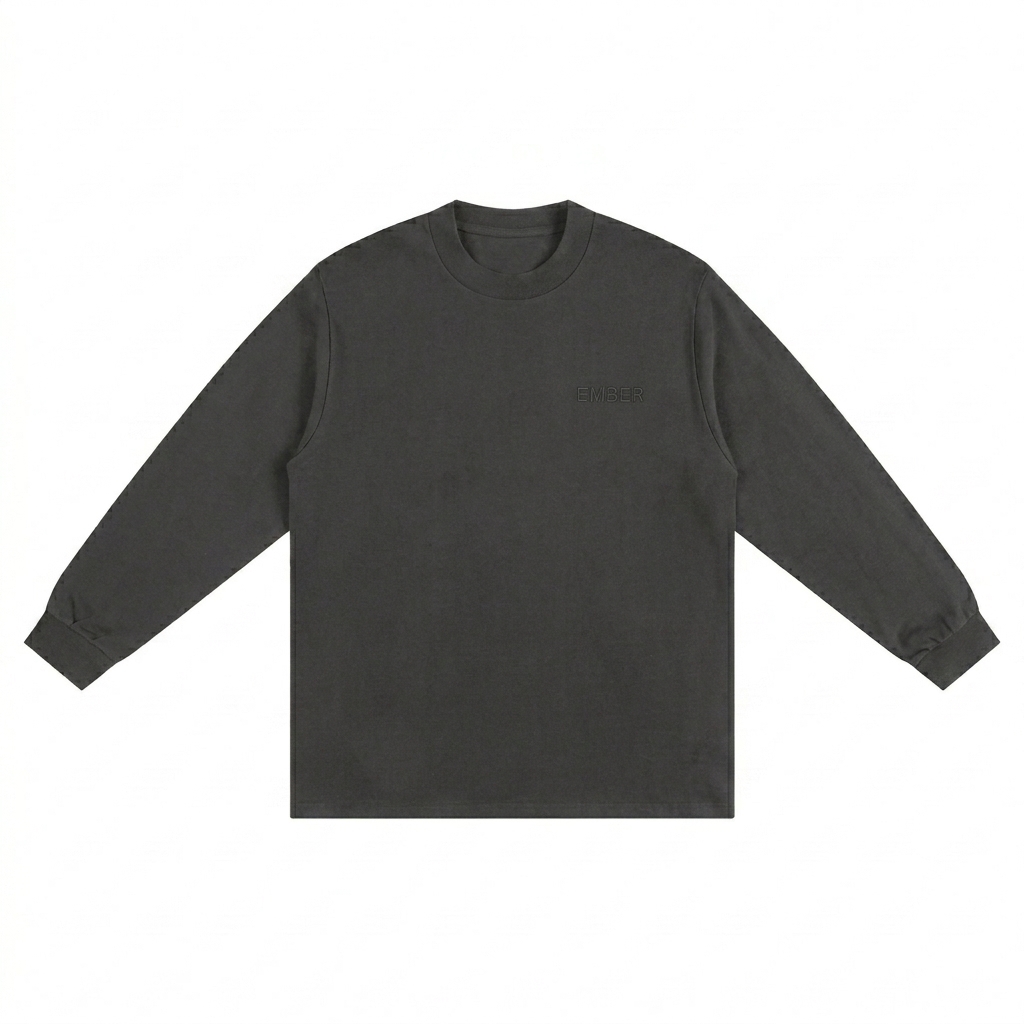 Custom Heavyweight Drop Shoulder Long Sleeve design direction 1: Tonal Minimalist Wordmark featuring the EMBER wordmark