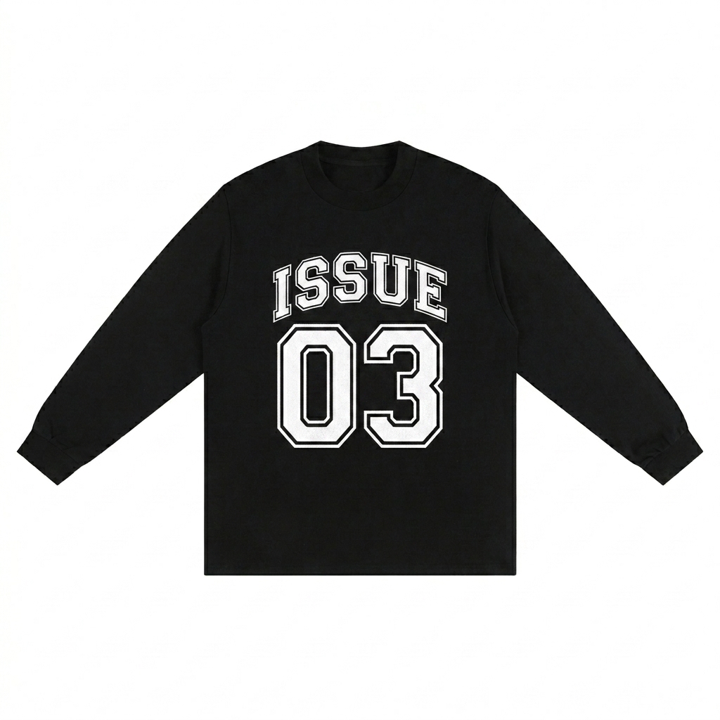 Custom Heavyweight Drop Shoulder Long Sleeve design direction 3: Retro Collegiate Emblem featuring the ISSUE 03 wordmark