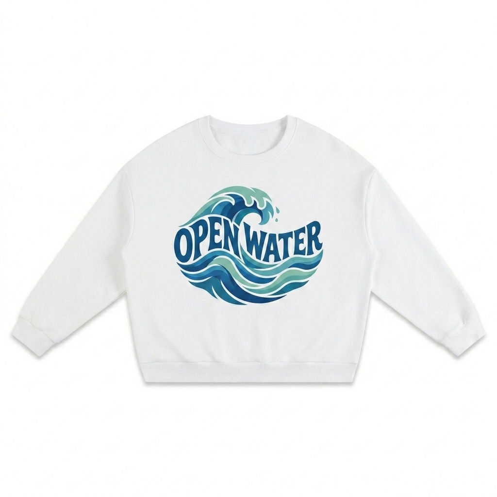 Custom Heavyweight Drop-Shoulder Sweatshirt design direction 2: Bold Abstract Graphic featuring the OPEN WATER wordmark