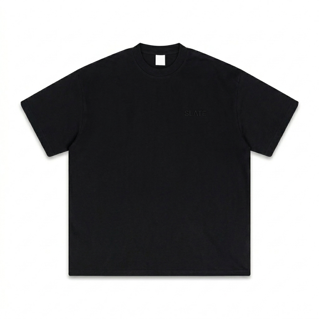 Custom Heavyweight Drop Shoulder T-Shirt design direction 1: Subtle Tonal Branding featuring the SLATE wordmark