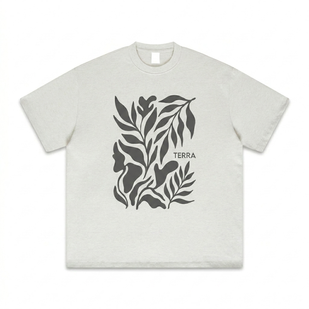 Custom Heavyweight Drop Shoulder T-Shirt design direction 2: Abstract Botanical Graphic featuring the TERRA wordmark