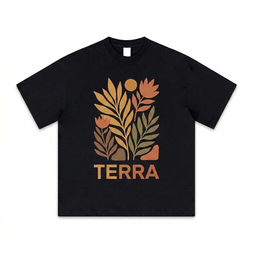 Custom Heavyweight Earth Tone T-Shirt design direction 2: Bold Abstract Graphic featuring the TERRA wordmark