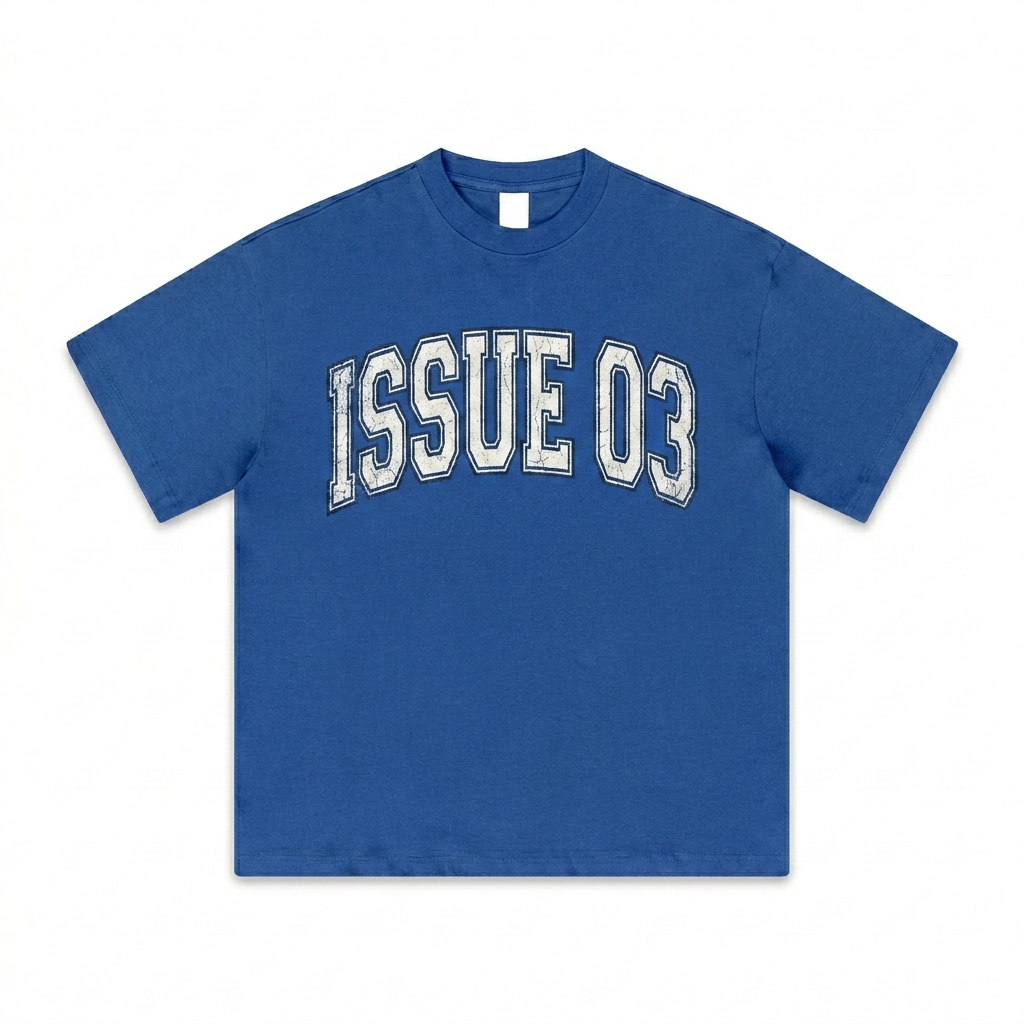 Custom Heavyweight Earth Tone T-Shirt design direction 3: Retro Collegiate Aesthetic featuring the ISSUE 03 wordmark