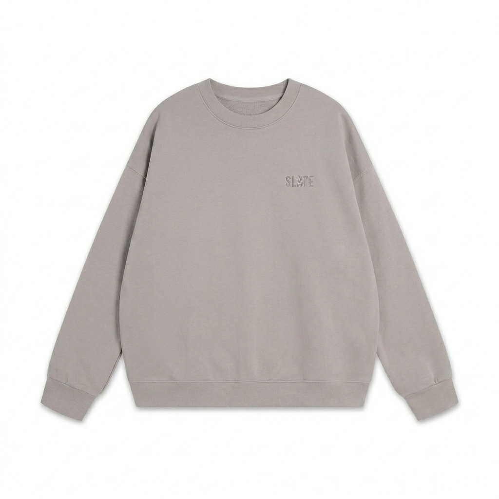Custom Heavyweight Essential Crewneck Sweatshirt design direction 1: Tonal Minimalist Wordmark featuring the SLATE wordmark