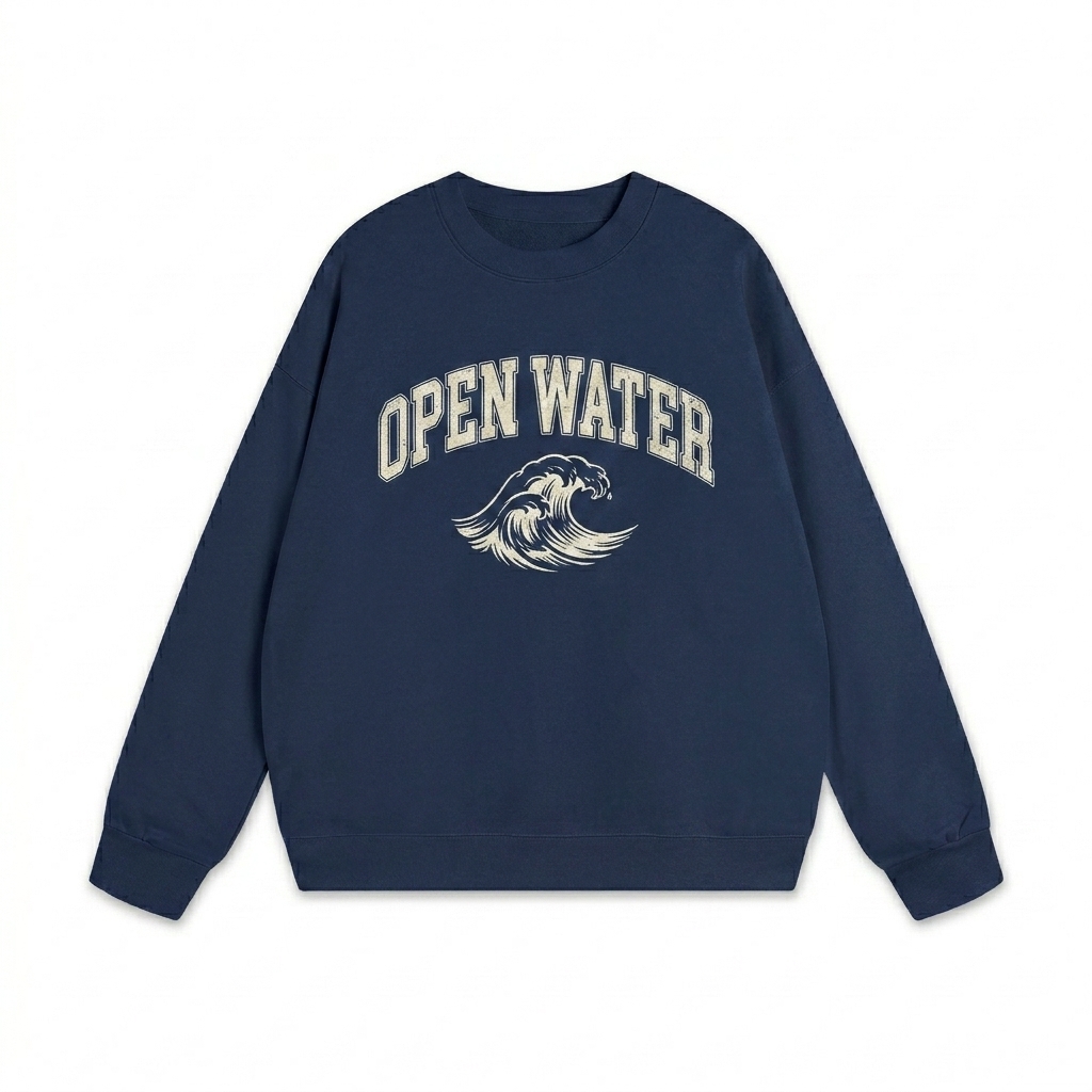 Custom Heavyweight Essential Crewneck Sweatshirt design direction 2: Retro Collegiate Emblem featuring the OPEN WATER wordmark