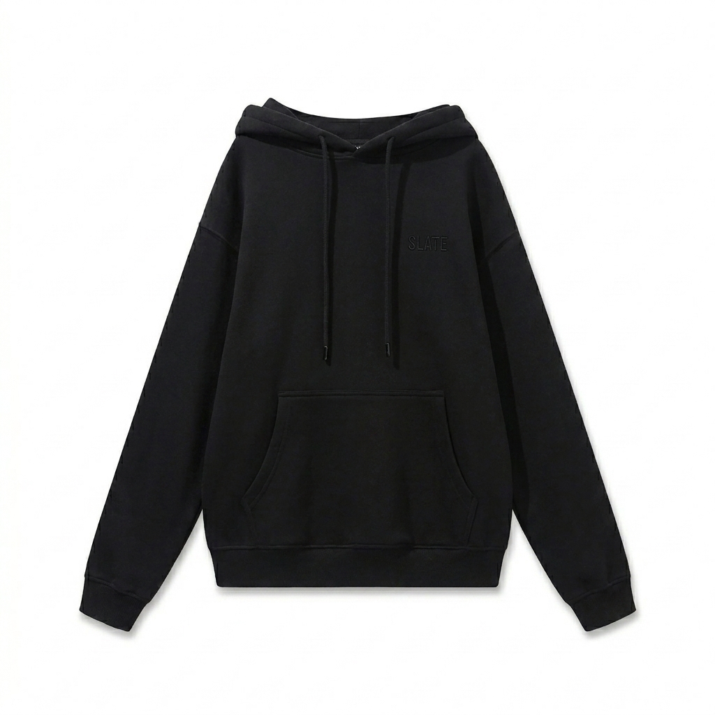 Custom Heavyweight Fleece Hoodie design direction 1: Tonal Left Chest Wordmark featuring the SLATE wordmark