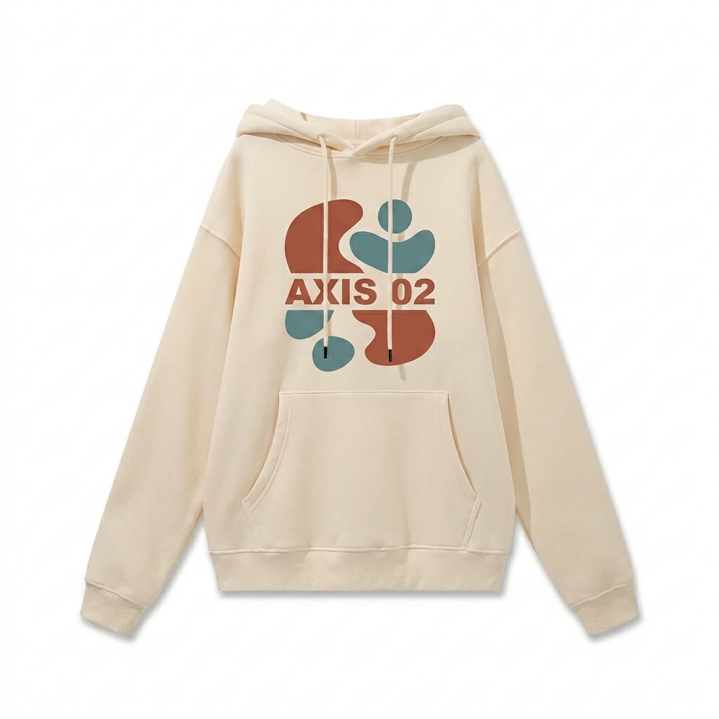 Custom Heavyweight Fleece Hoodie design direction 2: Bold Abstract Graphic featuring the AXIS 02 wordmark