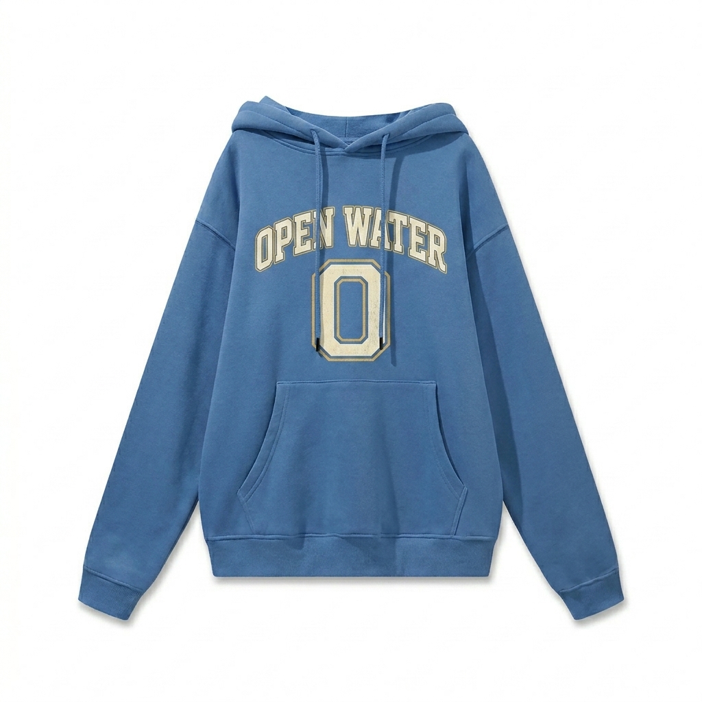 Custom Heavyweight Fleece Hoodie design direction 3: Retro Collegiate Emblem featuring the OPEN WATER wordmark