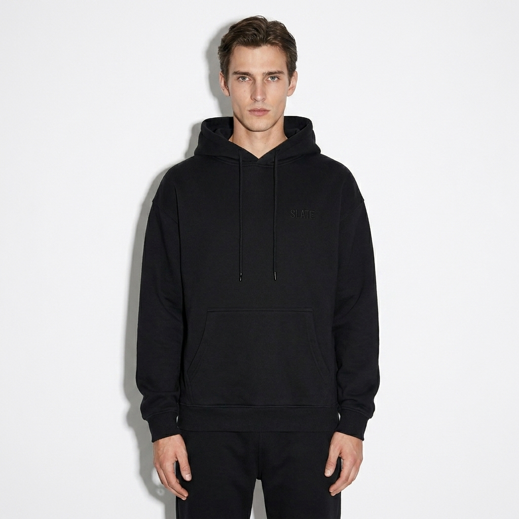 Heavyweight Fleece Hoodie worn by a slim tall Australian male fashion influencer, techwear modern styling, studio lookbook — custom heavyweight fleece hoodie