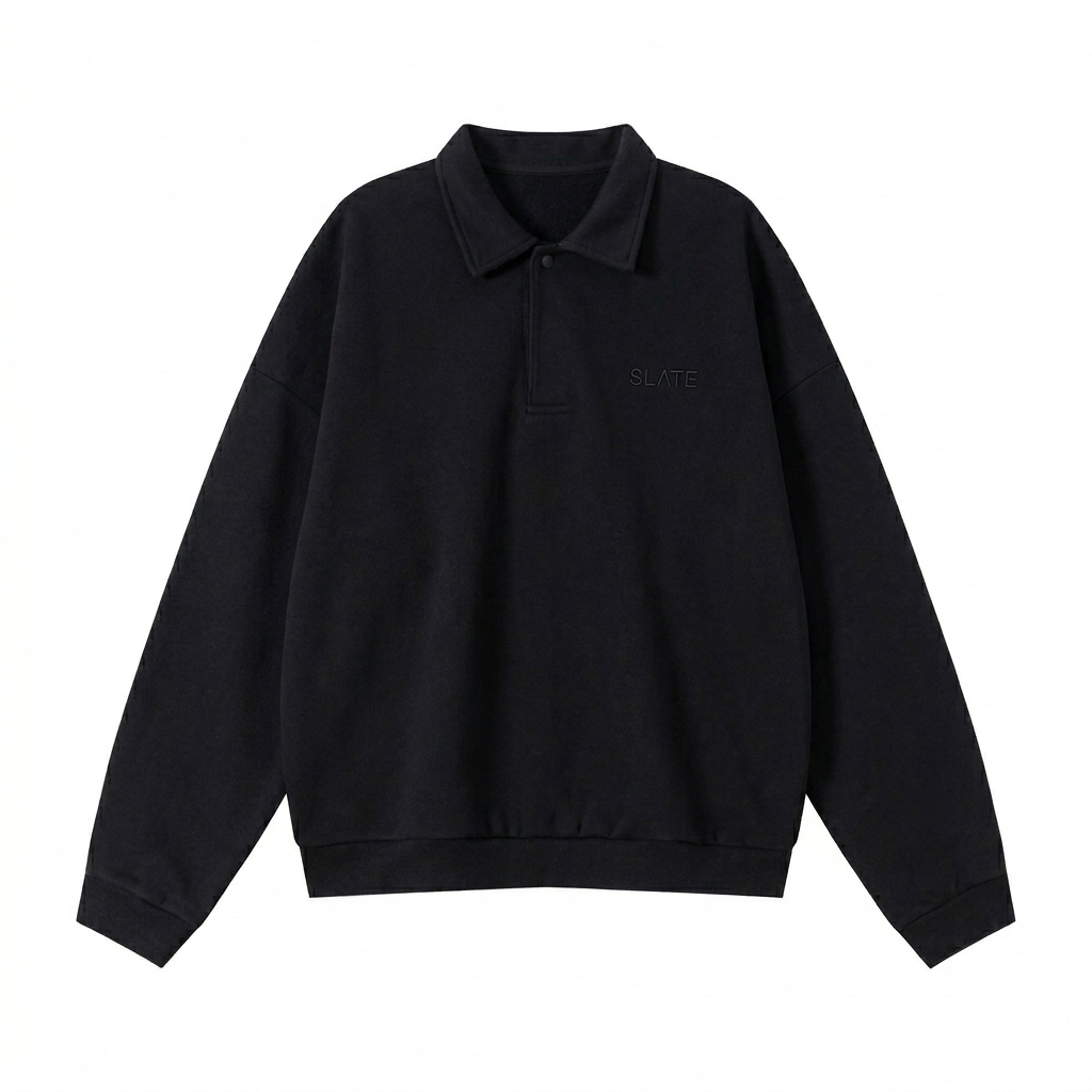 Custom Heavyweight Fleece Polo Sweatshirt design direction 1: Tonal Minimalist Wordmark featuring the SLATE wordmark