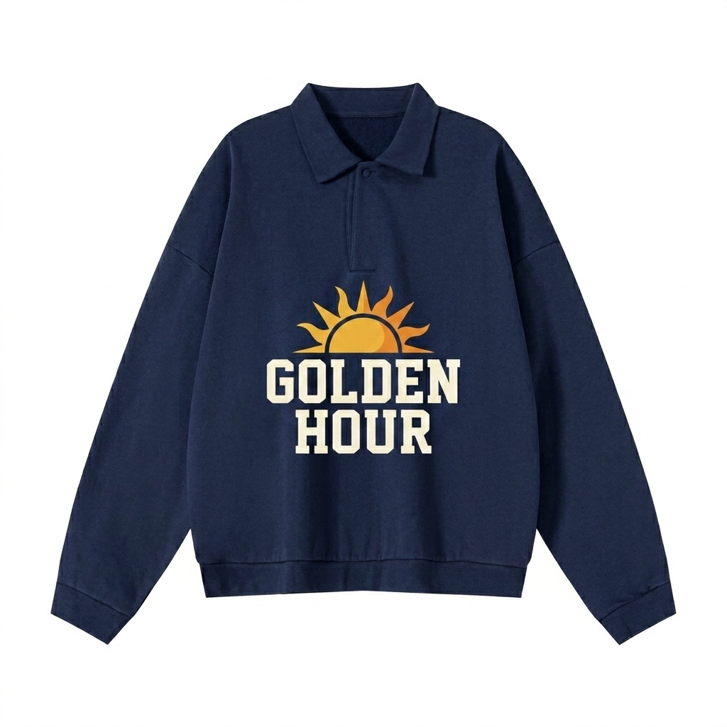 Custom Heavyweight Fleece Polo Sweatshirt design direction 2: Retro Collegiate Emblem featuring the GOLDEN HOUR wordmark