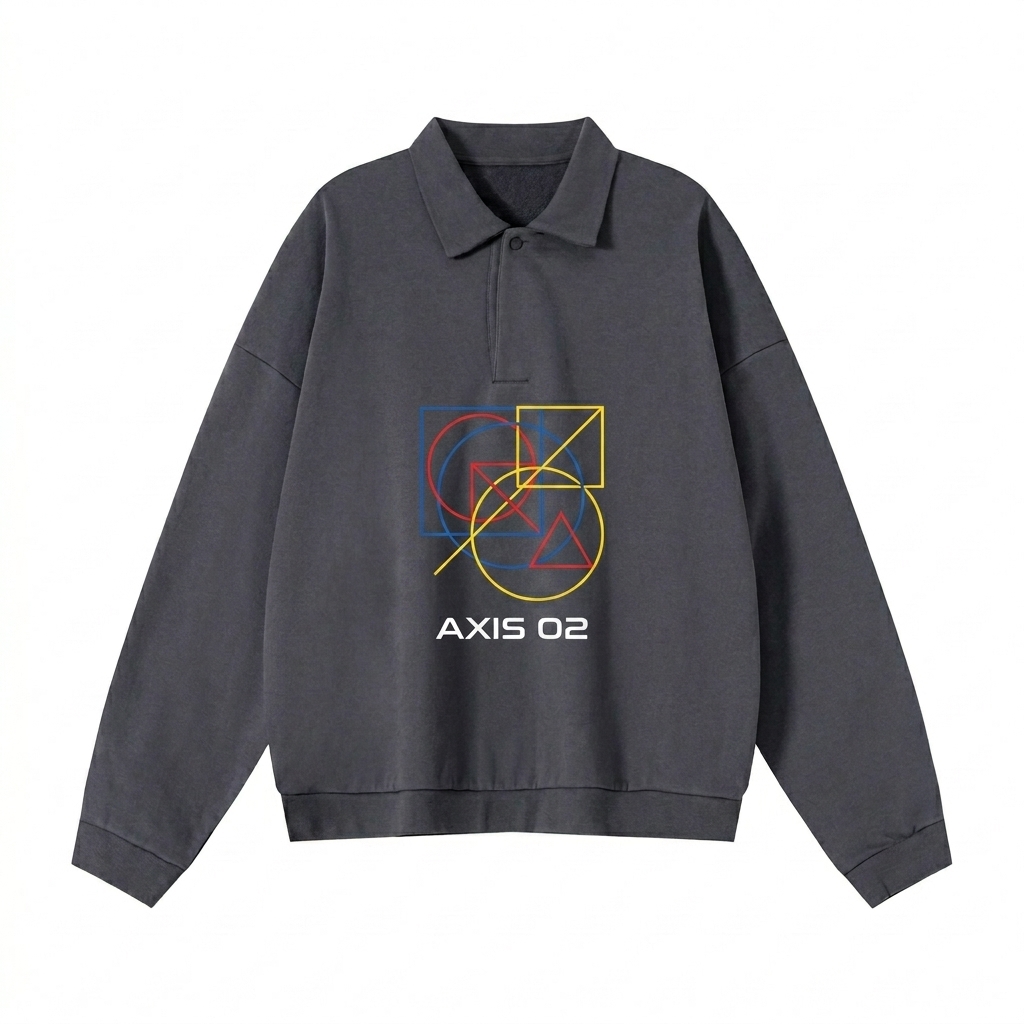 Custom Heavyweight Fleece Polo Sweatshirt design direction 3: Geometric Abstract Graphic featuring the AXIS 02 wordmark