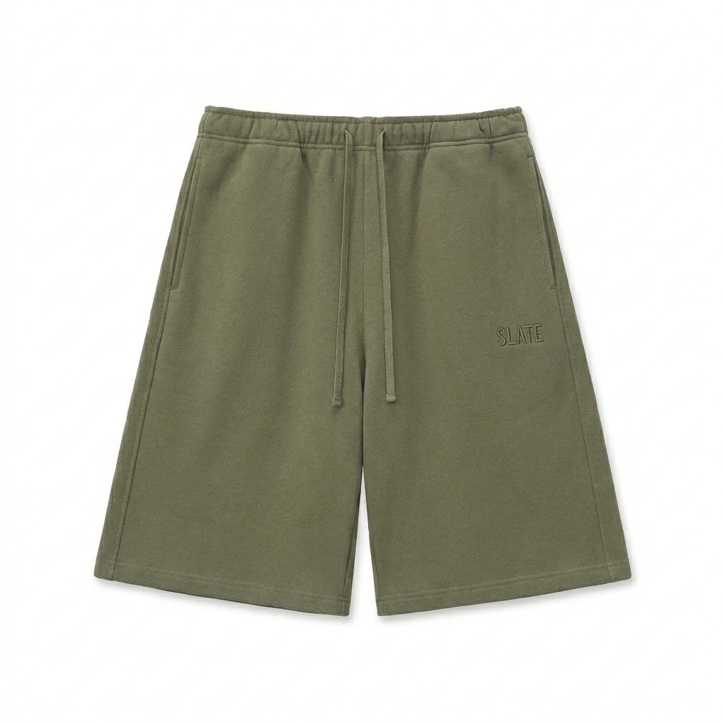 Custom Heavyweight Fleece Shorts design direction 1: Tonal Minimalist Wordmark featuring the SLATE wordmark