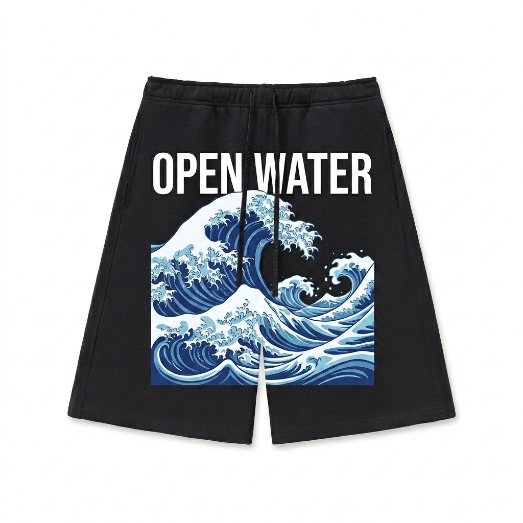 Custom Heavyweight Fleece Shorts design direction 2: Bold Abstract Graphic featuring the OPEN WATER wordmark