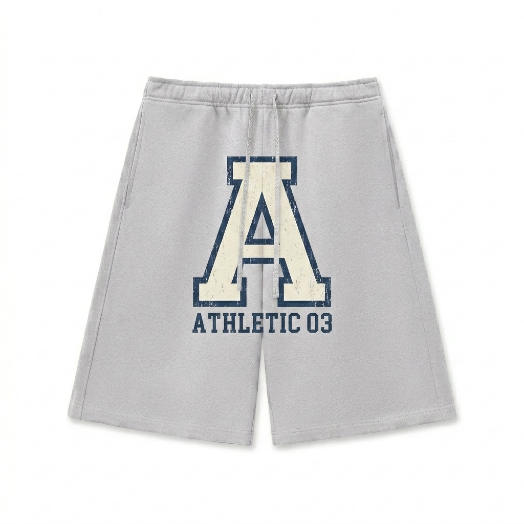 Custom Heavyweight Fleece Shorts design direction 3: Retro Collegiate Emblem featuring the ATHLETIC 03 wordmark