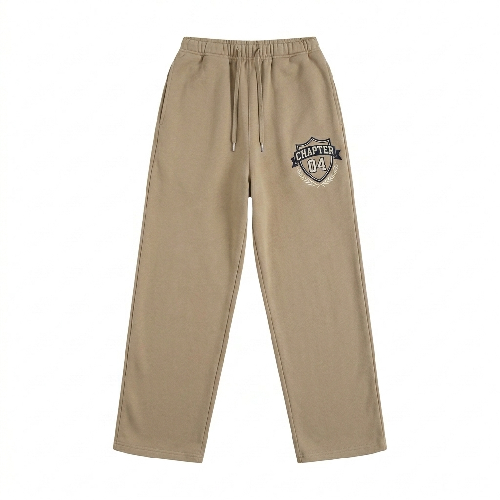 Custom Heavyweight Fleece Straight Leg Pants design direction 3: Retro Collegiate Emblem featuring the CHAPTER 04 wordmark