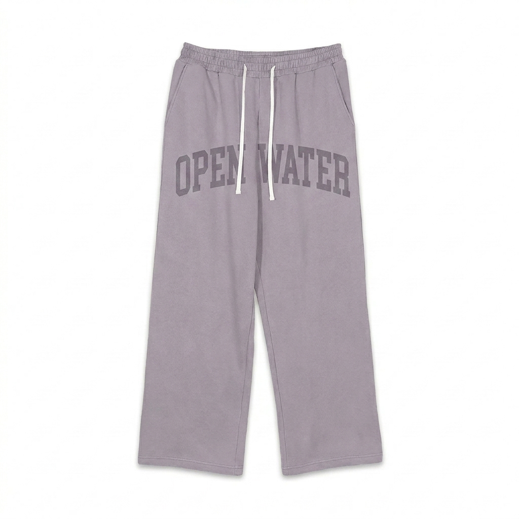Custom Heavyweight Fleece Sweatpants design direction 1: Retro Collegiate Wordmark featuring the OPEN WATER wordmark